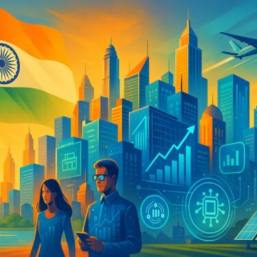 A vibrant digital illustration of a futuristic Indian city skyline, featuring skyscrapers, digital billboards, financial hubs, and symbols of India's economic growth like tech icons, cargo ships, and the Indian flag in the background.