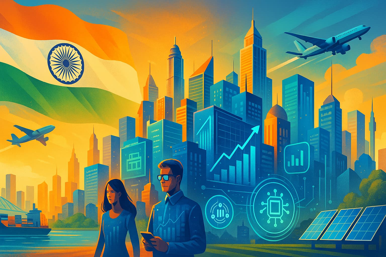 A vibrant digital illustration of a futuristic Indian city skyline, featuring skyscrapers, digital billboards, financial hubs, and symbols of India's economic growth like tech icons, cargo ships, and the Indian flag in the background.