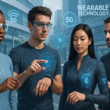 Diverse group of people wearing futuristic wearable tech like AR glasses, smartwatches, and smart clothing in a high-tech urban setting with holographic interfaces.
