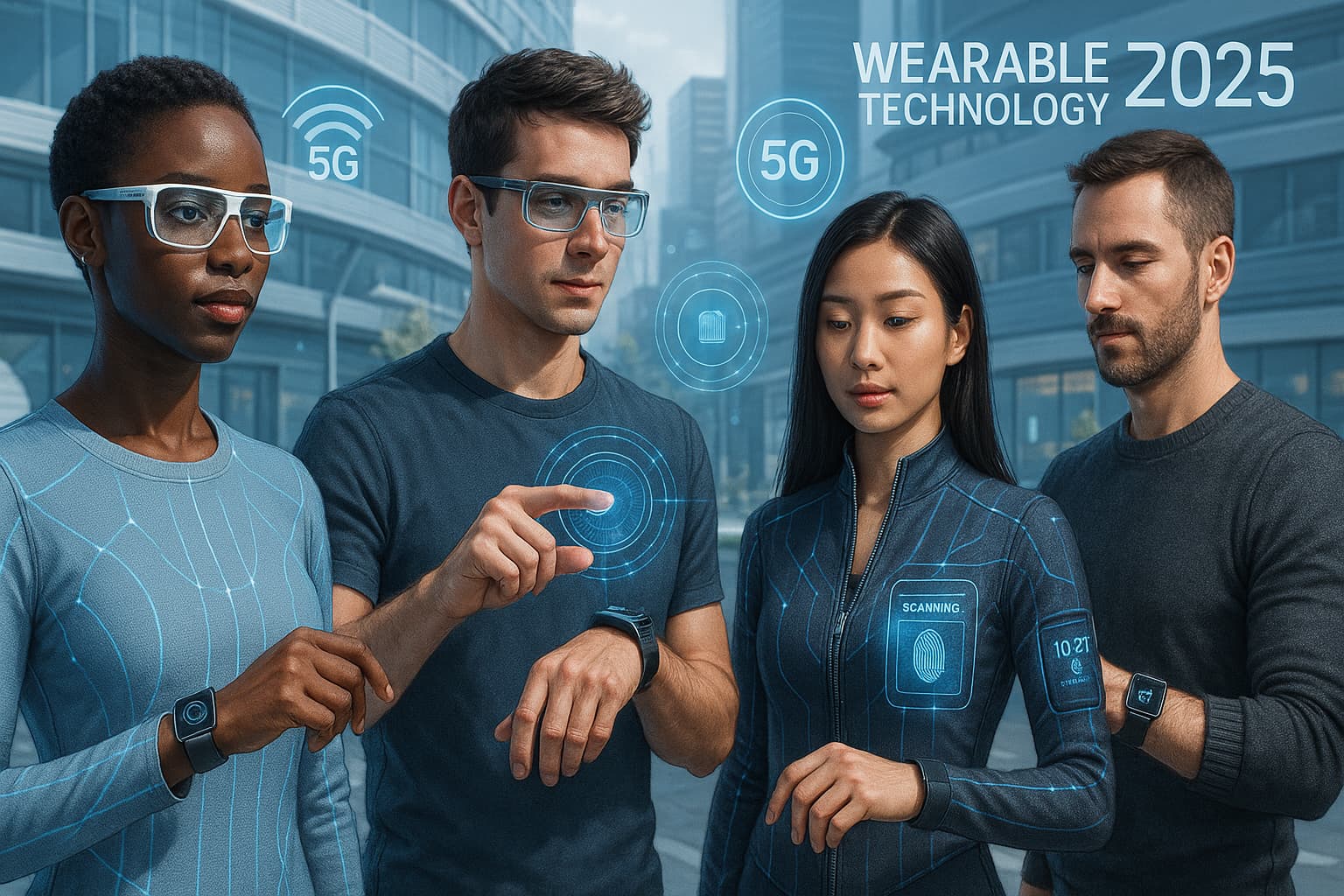 Diverse group of people wearing futuristic wearable tech like AR glasses, smartwatches, and smart clothing in a high-tech urban setting with holographic interfaces.