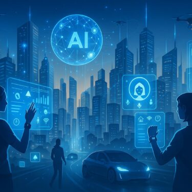 Conceptual illustration of artificial intelligence integrated into daily life, including smart homes, healthcare, education, and transport.