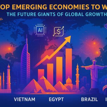 Illustration showing emerging economies like India, Vietnam, Egypt, Brazil, and Indonesia with digital graphs, skylines, AI symbols, and infrastructure icons over a glowing world map.
