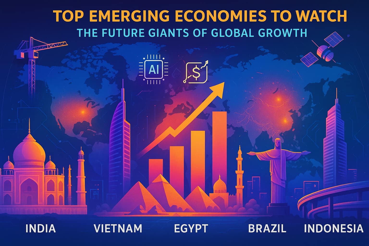 Illustration showing emerging economies like India, Vietnam, Egypt, Brazil, and Indonesia with digital graphs, skylines, AI symbols, and infrastructure icons over a glowing world map.