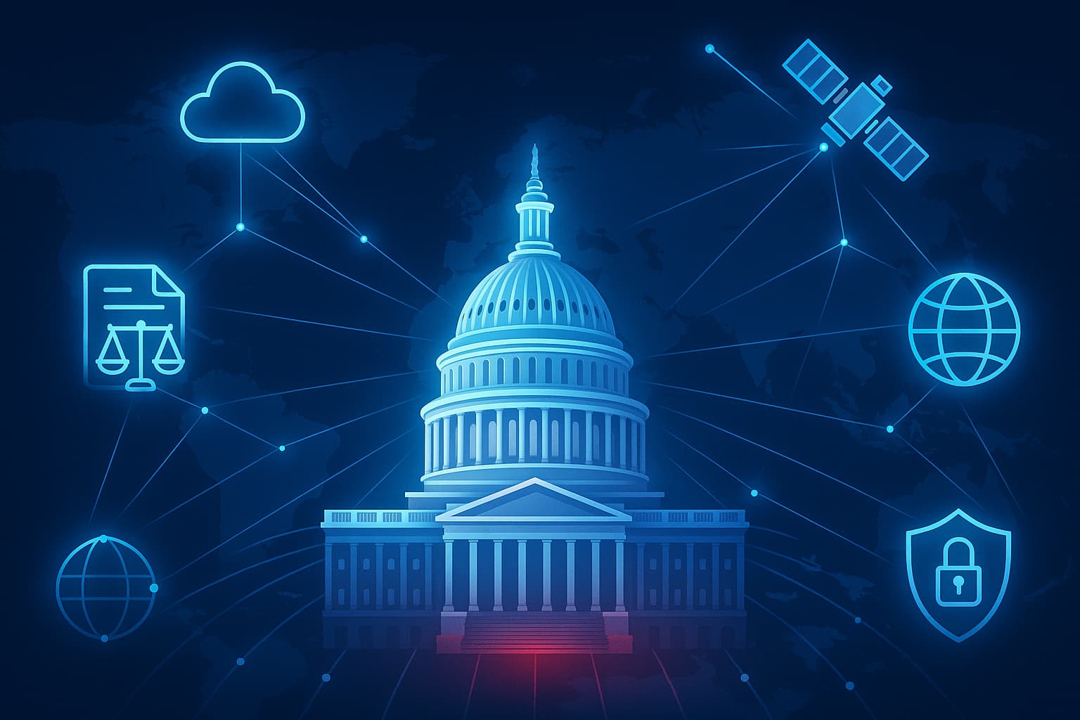 Illustration showing US tech laws influencing global digital governance