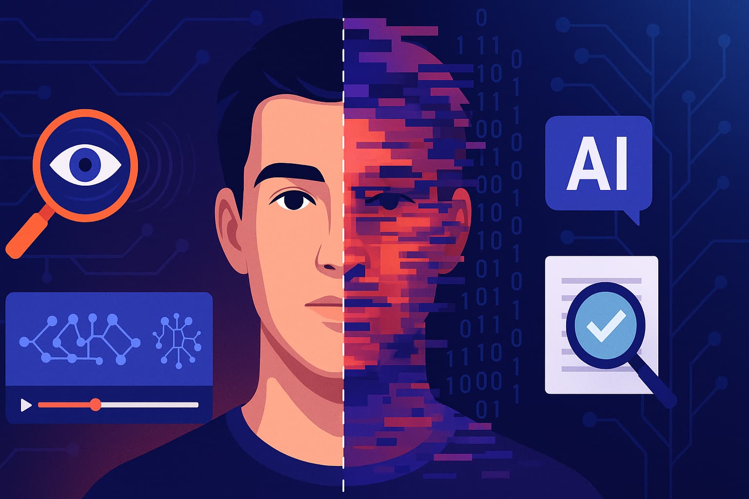 A split face showing real and fake sides, symbolizing deepfake detection using AI and visual analysis.