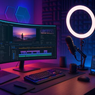 A modern content creator’s studio setup featuring a laptop with editing software, camera, microphone, ring light, and AI tools on screen.