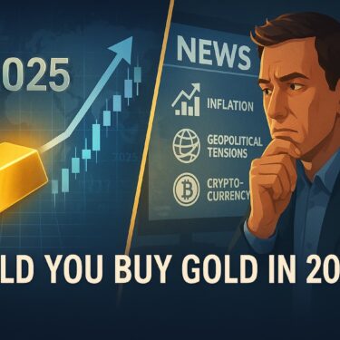 A split-screen digital illustration showing a gold bar rising on a stock chart in 2025 contrasted with a concerned investor watching economic news.