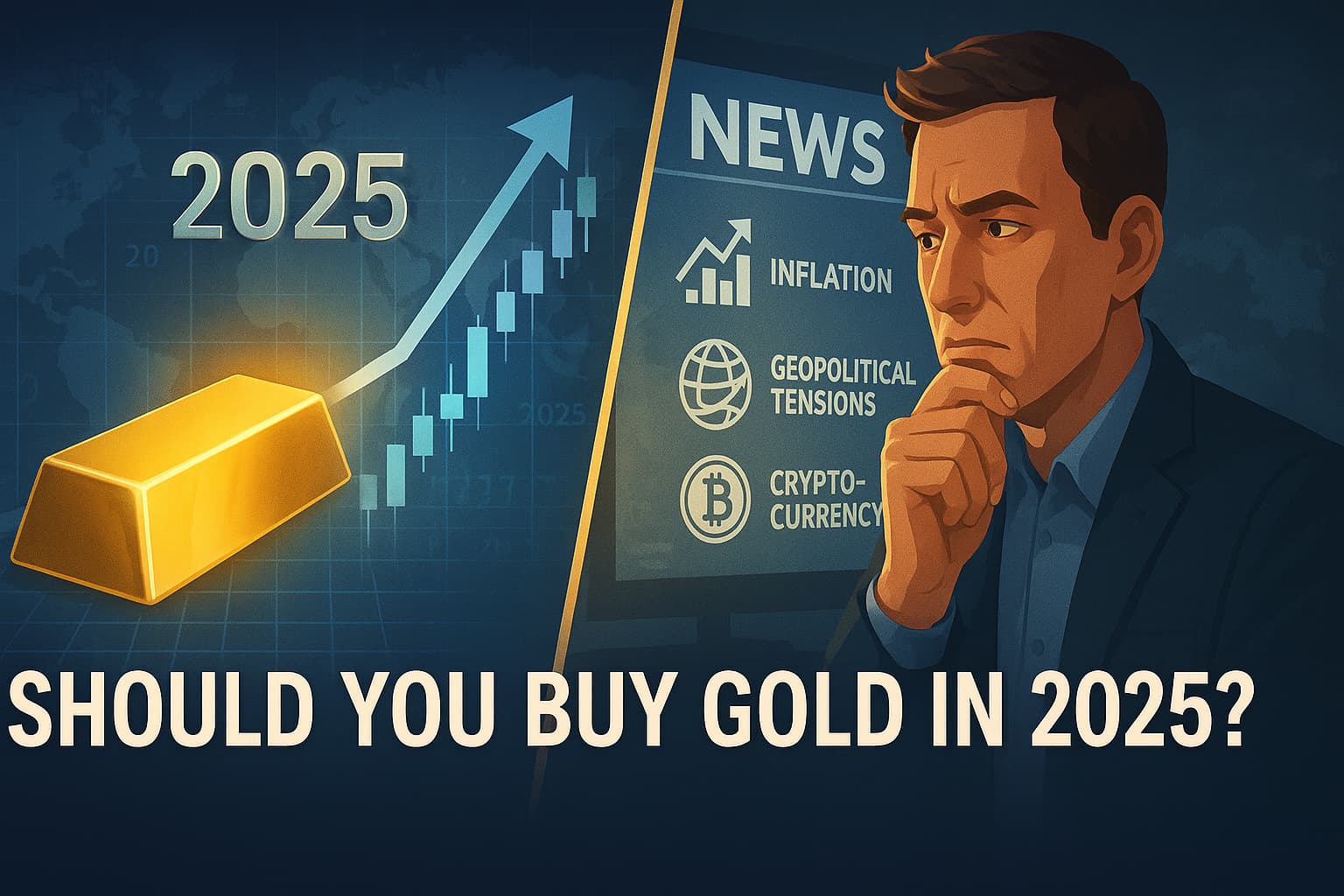 A split-screen digital illustration showing a gold bar rising on a stock chart in 2025 contrasted with a concerned investor watching economic news.