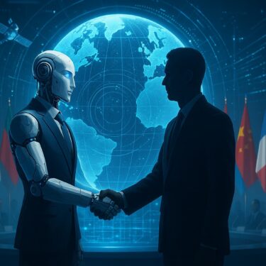 A humanoid AI robot shaking hands with a diplomat in front of a glowing digital globe surrounded by international flags and data streams, symbolizing AI’s role in global diplomacy.