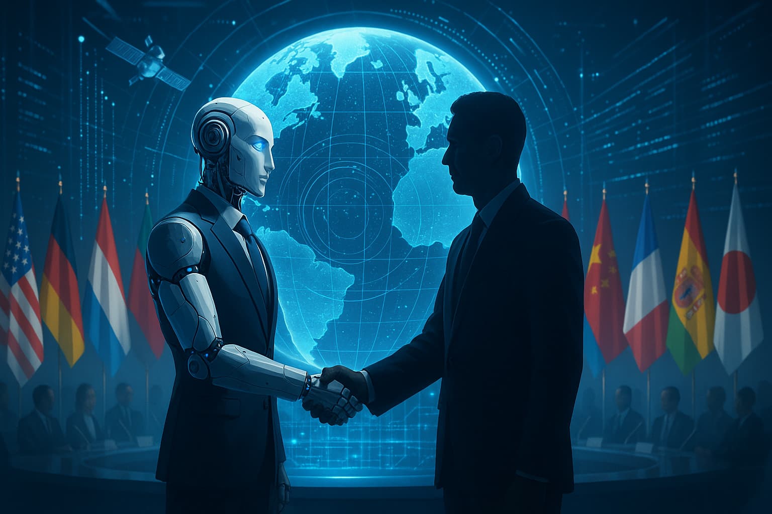A humanoid AI robot shaking hands with a diplomat in front of a glowing digital globe surrounded by international flags and data streams, symbolizing AI’s role in global diplomacy.