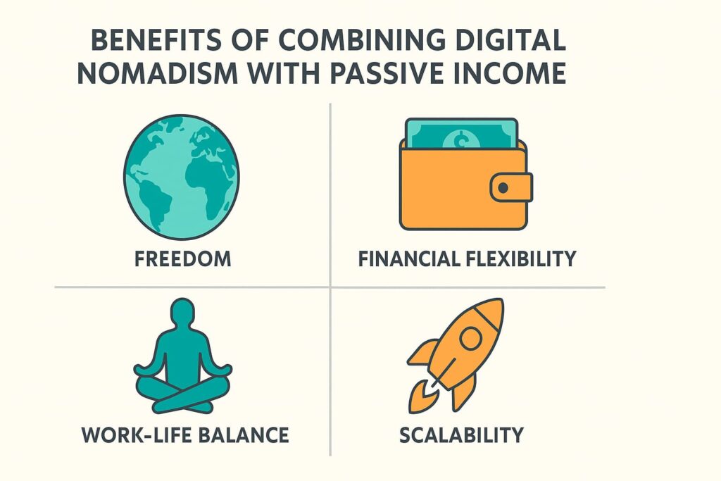 Icons showing main benefits of combining digital nomadism with passive income