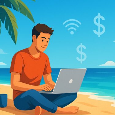 Digital nomad working on a laptop by the beach with tech icons overlaid