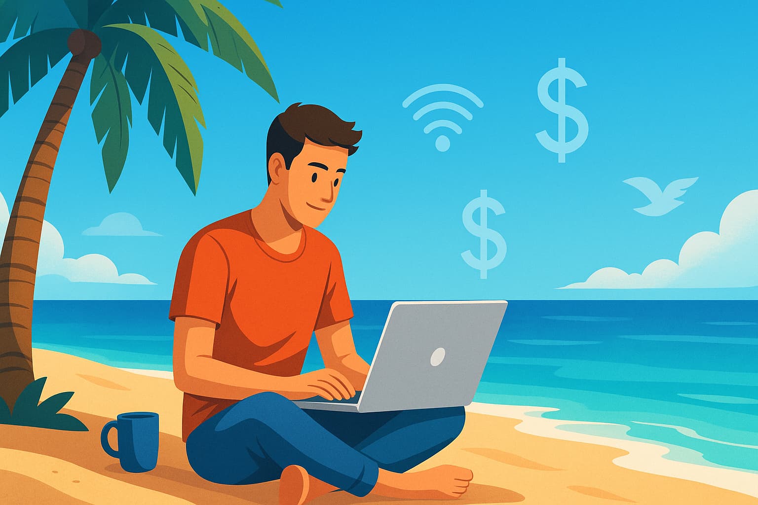 Digital nomad working on a laptop by the beach with tech icons overlaid