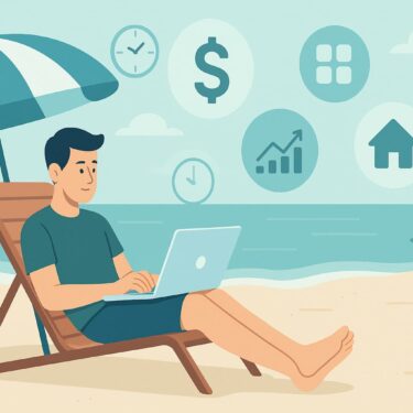 A person working on a laptop while relaxing on a beach, surrounded by floating icons of dollar signs, stock charts, real estate, apps, and clocks, symbolizing financial freedom and time flexibility.
