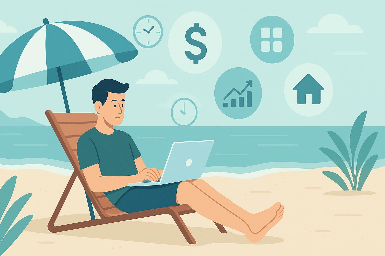 A person working on a laptop while relaxing on a beach, surrounded by floating icons of dollar signs, stock charts, real estate, apps, and clocks, symbolizing financial freedom and time flexibility.
