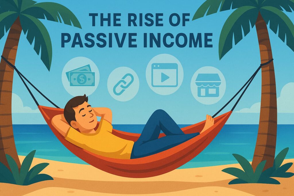 Passive income visualized as money flowing while person relaxes