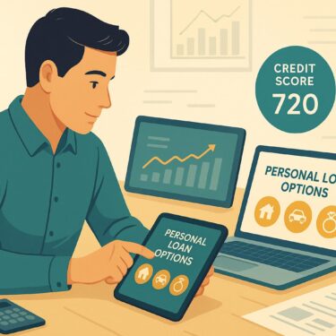 A young person exploring personal loan options on a digital screen, surrounded by financial planning tools.