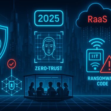 Futuristic digital city representing 2025 cybersecurity trends, with AI, zero-trust, IoT, and ransomware elements visualized in holographic form.