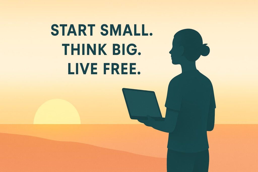 Motivational image with digital nomad and laptop during sunrise