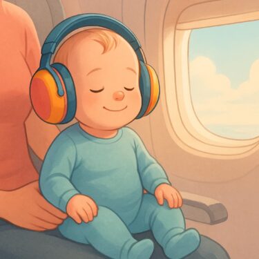 Baby wearing colorful infant noise-cancelling headphones sitting on a parent’s lap in an airplane cabin, looking relaxed with sunlight coming through the window.