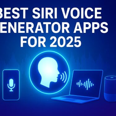 Futuristic digital collage of a glowing Siri-style AI assistant speaking through smartphone, laptop, and smart speakers with soundwave and circuit patterns.
