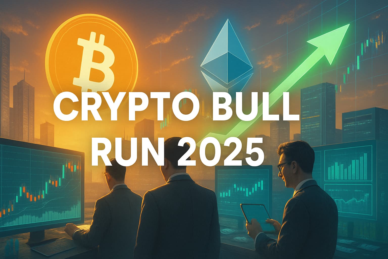 Three institutional investors analyze digital screens in a futuristic city as Bitcoin and Ethereum logos rise above with an upward green arrow and the bold title “Crypto Bull Run 2025” in the foreground.