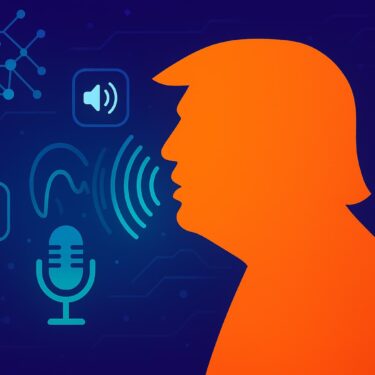 Digital illustration of Donald Trump’s silhouette with colorful sound waves, AI elements, and microphone icons symbolizing AI voice generation.