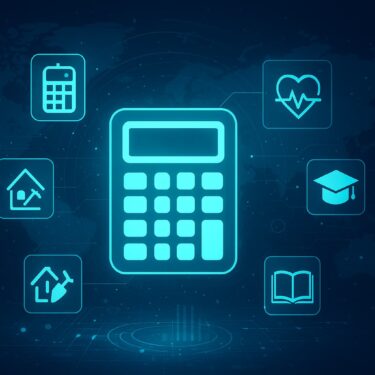 A futuristic digital illustration of a glowing calculator surrounded by financial, health, education, and construction symbols with a connected world map in the background.