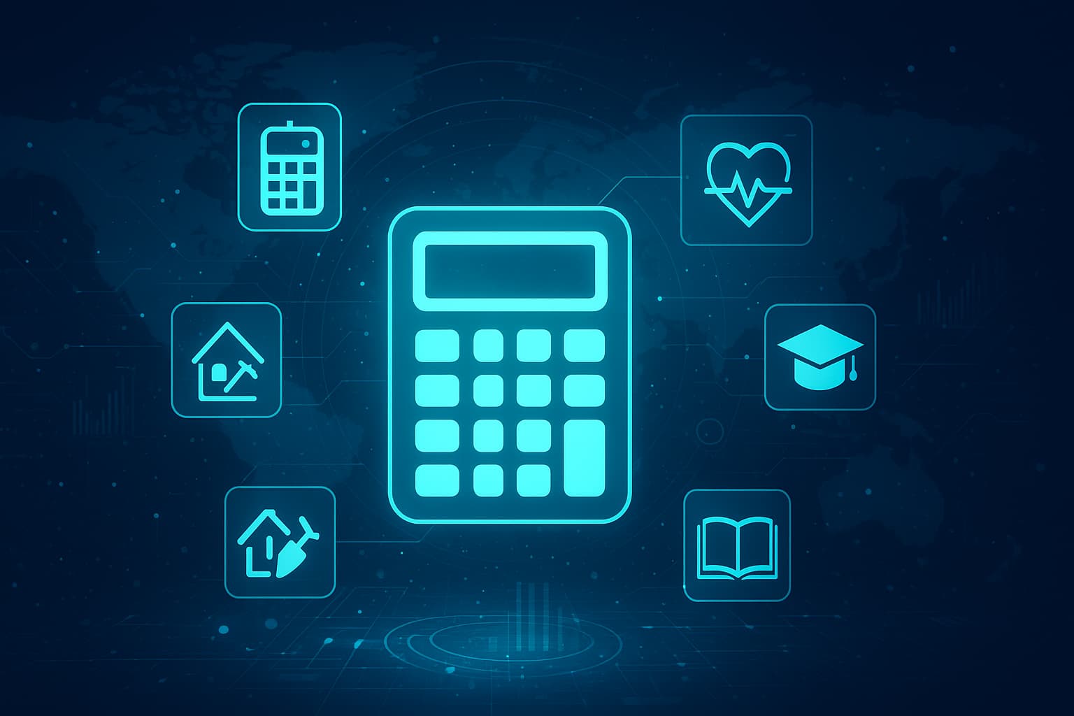 A futuristic digital illustration of a glowing calculator surrounded by financial, health, education, and construction symbols with a connected world map in the background.
