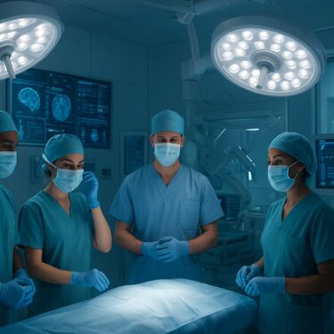 A futuristic hospital operating room in 2025 with advanced surgical equipment, glowing technology panels, and a diverse team of surgical technologists preparing for surgery under bright sterile lighting.