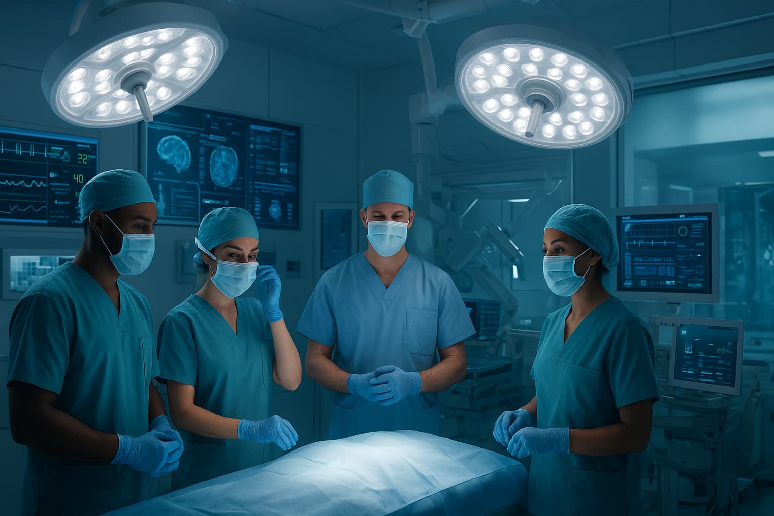 A futuristic hospital operating room in 2025 with advanced surgical equipment, glowing technology panels, and a diverse team of surgical technologists preparing for surgery under bright sterile lighting.