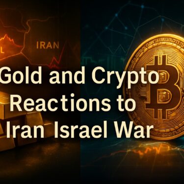 Split-screen image showing gold bars on one side and a glowing Bitcoin on the other, with a map of Israel and Iran in the background and market volatility graphs overlayed.