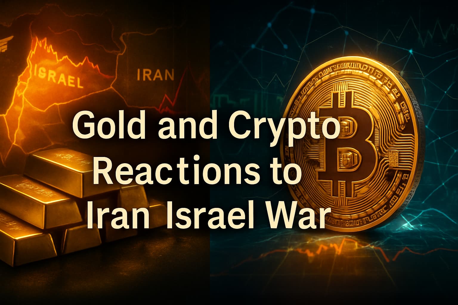 Split-screen image showing gold bars on one side and a glowing Bitcoin on the other, with a map of Israel and Iran in the background and market volatility graphs overlayed.