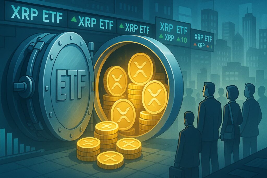 Vault opening with XRP tokens flowing in as ETF tickers flash on a digital exchange screen