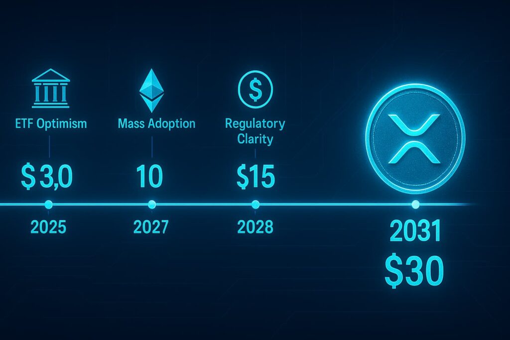 Timeline showing XRP price projections from 2025 to 2031 with milestones