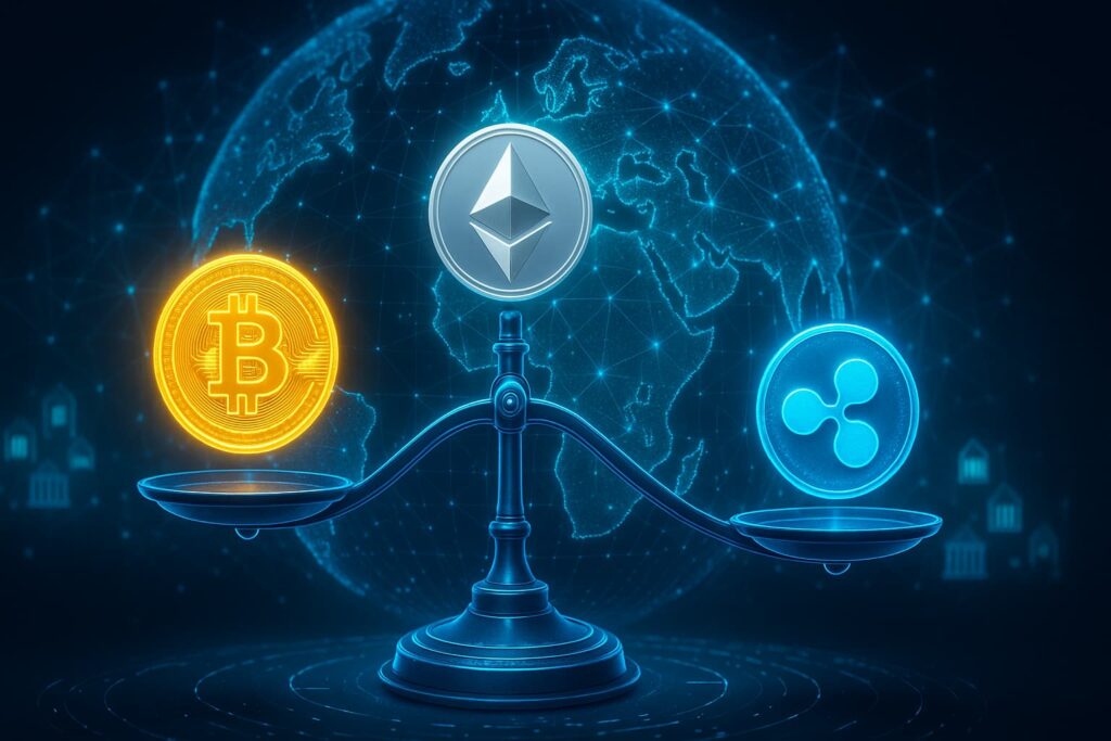 Digital balance scale comparing Bitcoin, Ethereum, and XRP with global payment network in background