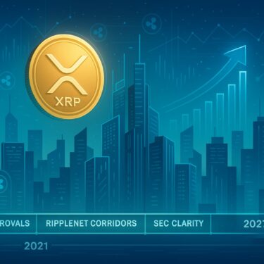 Glowing XRP coin rising over a digital city with charts and milestones symbolizing its path to $10