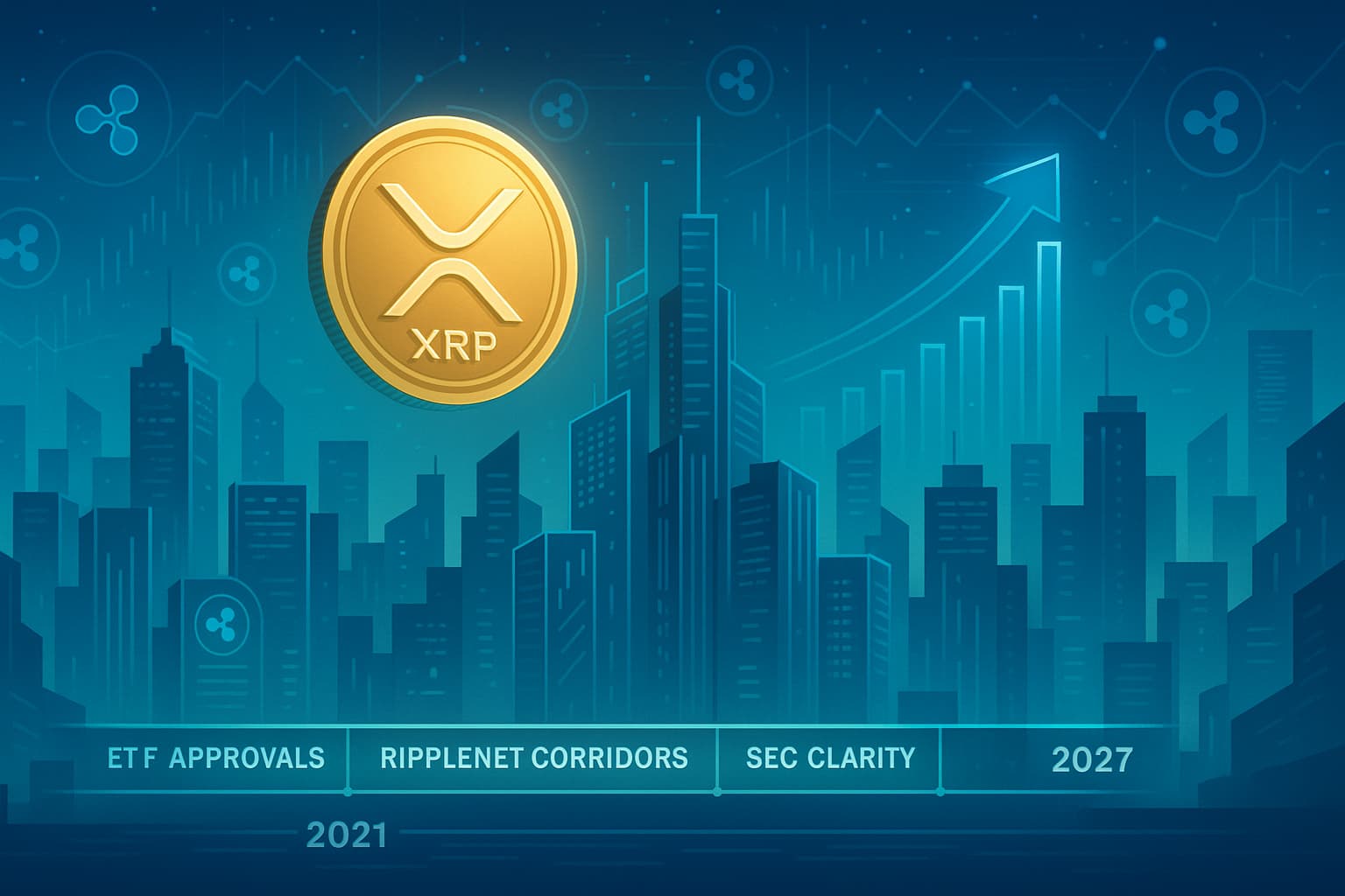 Glowing XRP coin rising over a digital city with charts and milestones symbolizing its path to $10