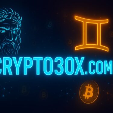 Futuristic digital art featuring the glowing text “Crypto30x.com” with a neon Zeus face on the left, a Gemini symbol on the right, and floating Bitcoin and blockchain network graphics in a dark blue and gold cyber background.