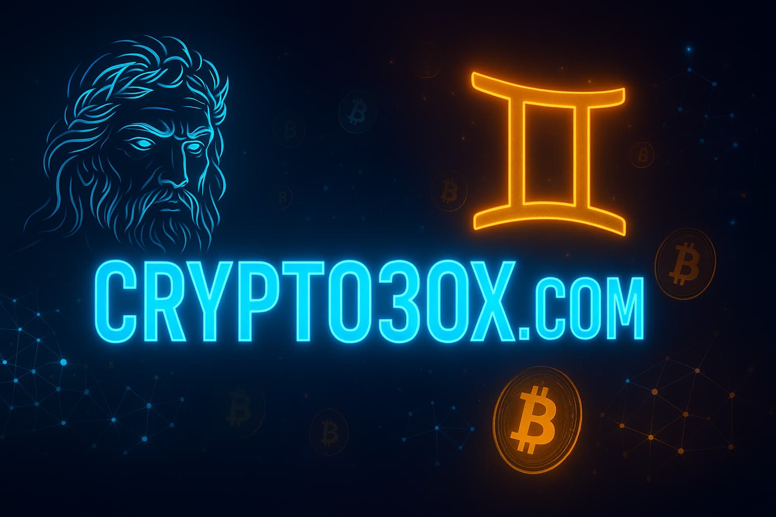 Futuristic digital art featuring the glowing text “Crypto30x.com” with a neon Zeus face on the left, a Gemini symbol on the right, and floating Bitcoin and blockchain network graphics in a dark blue and gold cyber background.