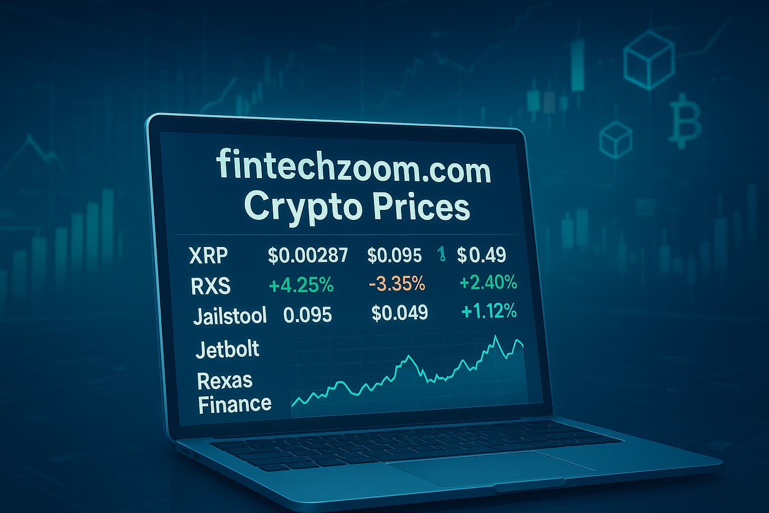 Futuristic financial dashboard on a laptop screen showing live cryptocurrency prices for XRP, RXS, Jailstool, Jetbolt, and Rexas Finance with glowing charts and graphs.