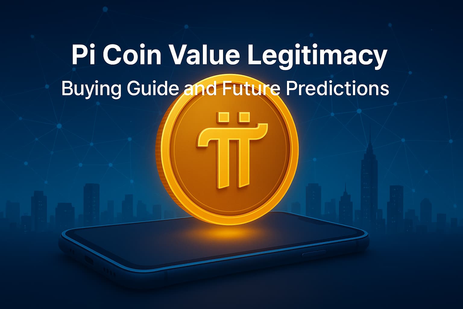 Glowing golden Pi Coin displayed on a smartphone with a futuristic city skyline and blockchain network connections in the background.