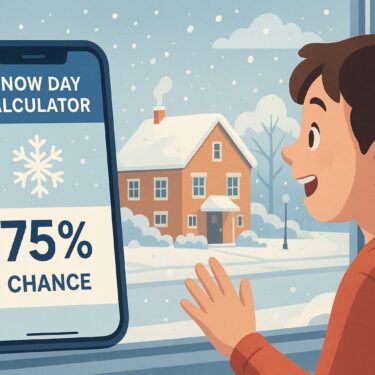 A student looks out the window at a snowy suburban neighborhood while a smartphone screen shows a 75% chance of a snow day.