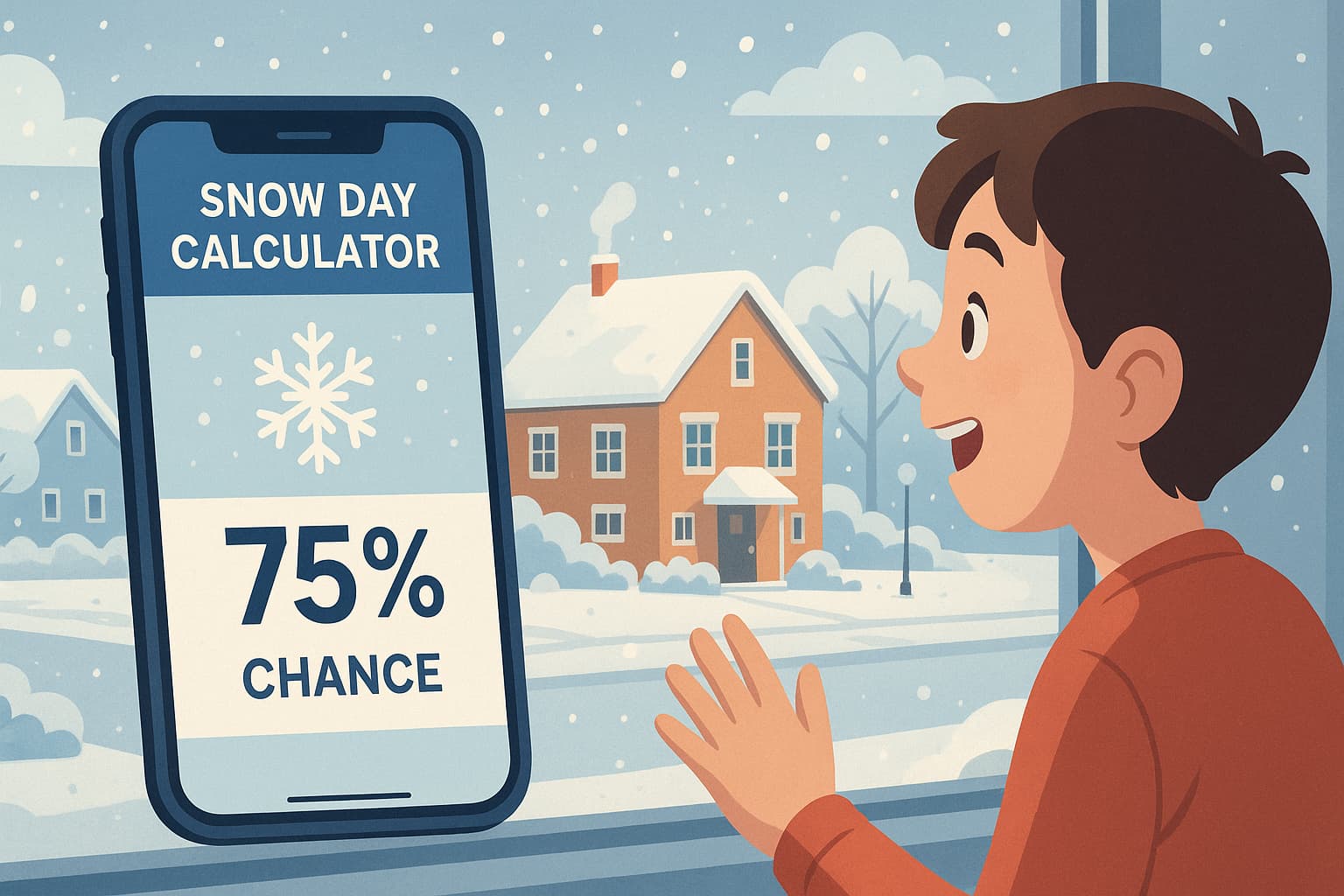 A student looks out the window at a snowy suburban neighborhood while a smartphone screen shows a 75% chance of a snow day.