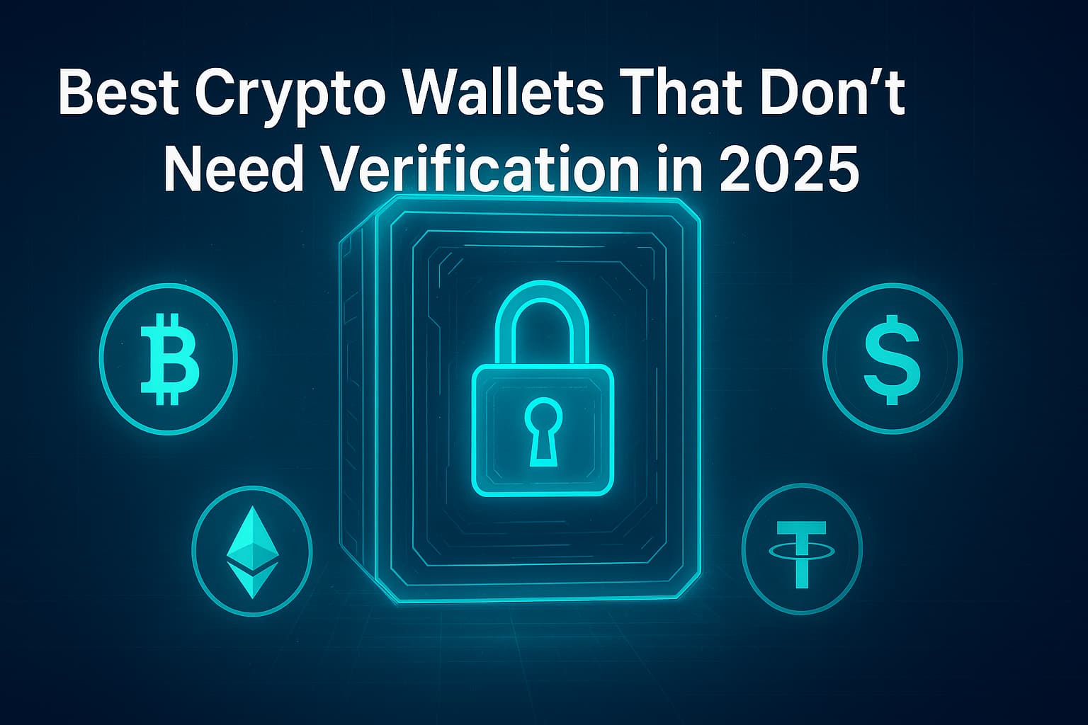 Futuristic digital vault glowing in neon lights with Bitcoin, Ethereum, and crypto logos floating around, featuring the title “Best Crypto Wallets That Don’t Need Verification in 2025.