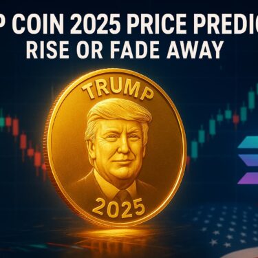 Trump Coin 2025 Price Prediction — Gold coin with Donald Trump’s face glowing over digital trading charts, Solana logo, and U.S. flag theme.