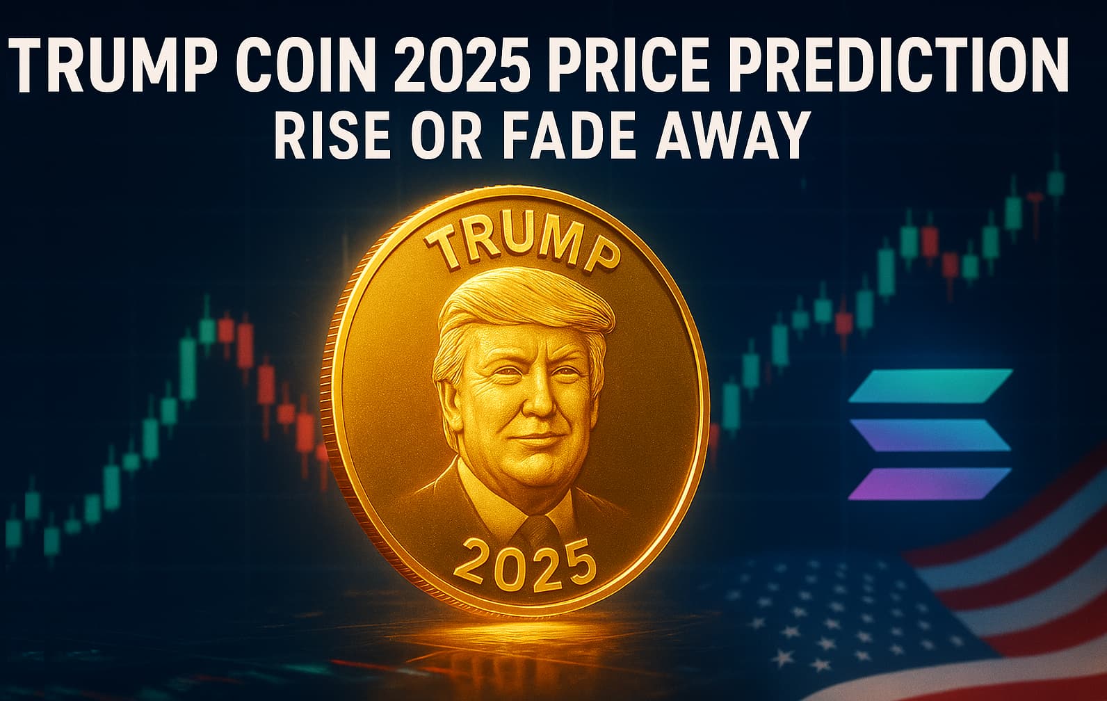 Trump Coin 2025 Price Prediction — Gold coin with Donald Trump’s face glowing over digital trading charts, Solana logo, and U.S. flag theme.