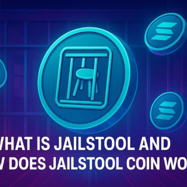 Professional editorial illustration showing Jailstool Coin built on Solana blockchain, featuring futuristic glowing coins with Solana logos and a jail-themed motif in the background.