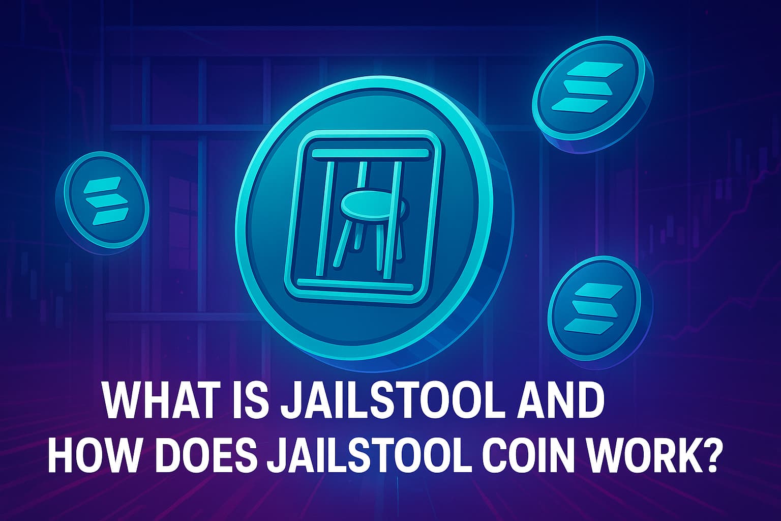 Professional editorial illustration showing Jailstool Coin built on Solana blockchain, featuring futuristic glowing coins with Solana logos and a jail-themed motif in the background.