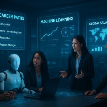 A futuristic corporate workspace where diverse professionals collaborate with an AI humanoid robot, surrounded by glowing blue holographic screens displaying AI career paths, machine learning graphs, and global salary maps.